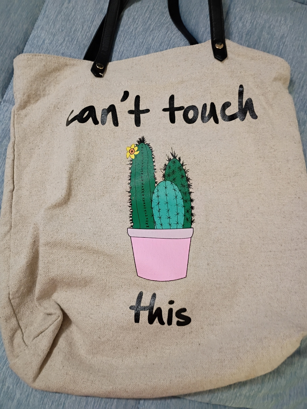 Canvas Tote Bag with Cactus Print - Natural